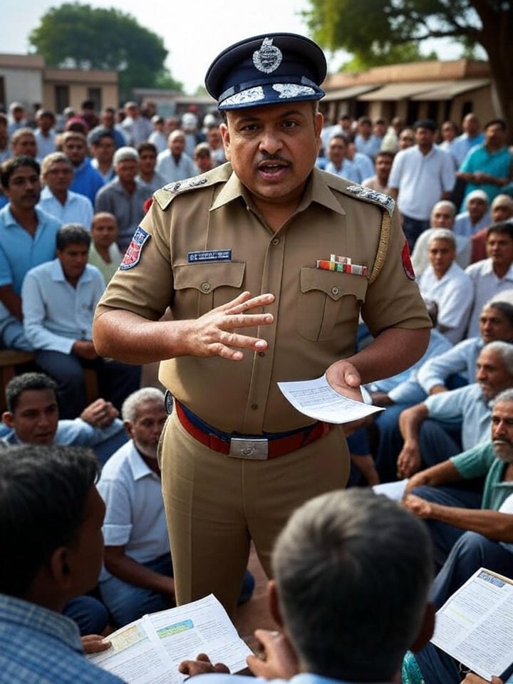 Police officer explaining safety protocols to villagers