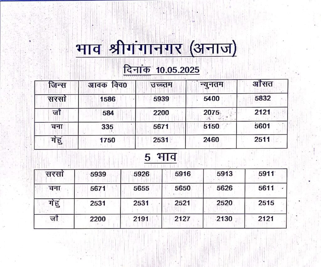 sri ganganagar mandi bhav 10 may 2025