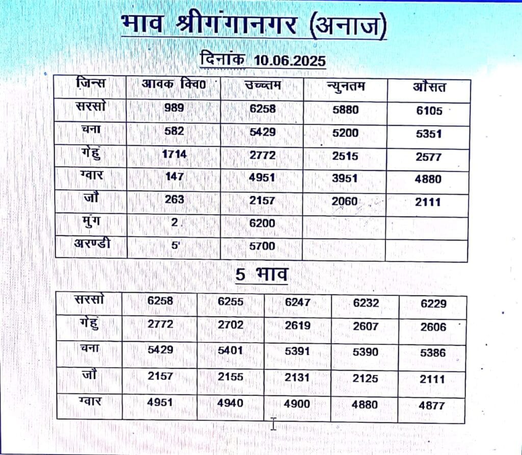 श्री गंगानगर मंडी का भाव