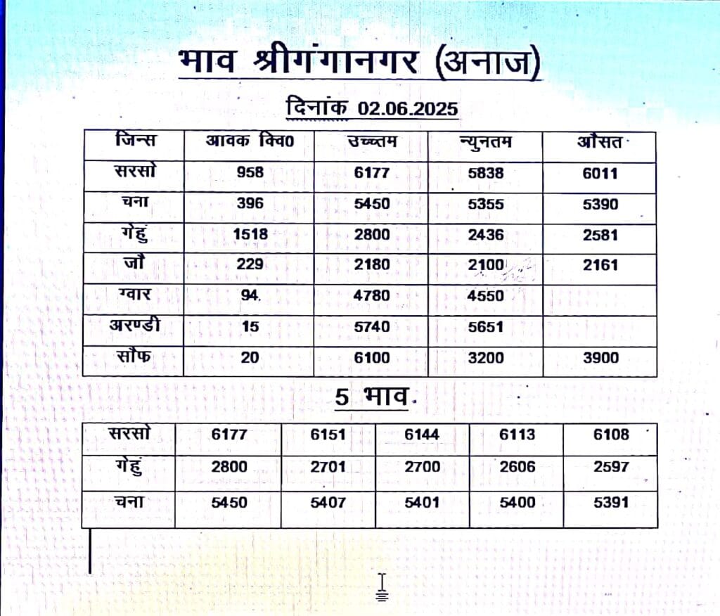 sri ganganagr mandi bhav 2 june 2025